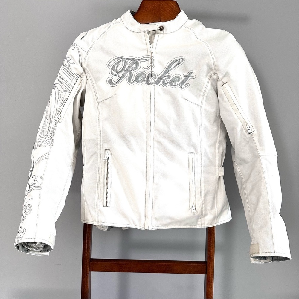 JOE ROCKET White Motorcycle Jacket, Silver Embroidered, Size S, EUC Motorbike